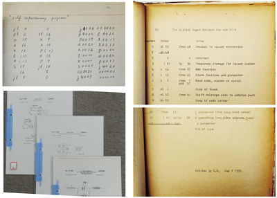 From the archives: 【upper left】 The first program for PC-1 to check the operation. It was hand-assembled to the machine code at the site. 【lower left】 US patents of parametron (left and middle); von Neumann's patent which resembled parametron (right), however later parametron patents were granted as an independent invention. 【right】 The program list of R0 initial order (the input routine for PC-1).  It implemented the symbolic assembler and the loader functions only using 68 words.