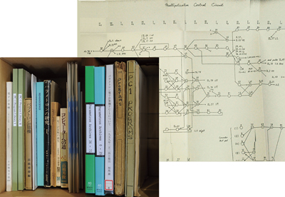 パラメトロンアーカイブスの資料群． 右側はアーカイブスに収録されているPC-1回路図（一部）