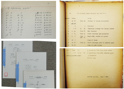 アーカイブスから　左上：PC-1誕生のとき動作試験に使われたプログラム．手で機械語に翻訳された． 左下：米国特許庁に認可登録されたパラメトロン特許（上の2編）．下はフォン・ノイマンの出願した特許で，審査過程で類似性の指摘があったものの，最終的に無関係と判断された． 右：イニシャルオーダーR0のプログラムリスト．アセンブラとローダーの機能をわずか68語で実現している．